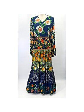Kaktus Floral Long Sleeve Boho V-Neck Maxi Dress Autumn Garden Patchwork XL